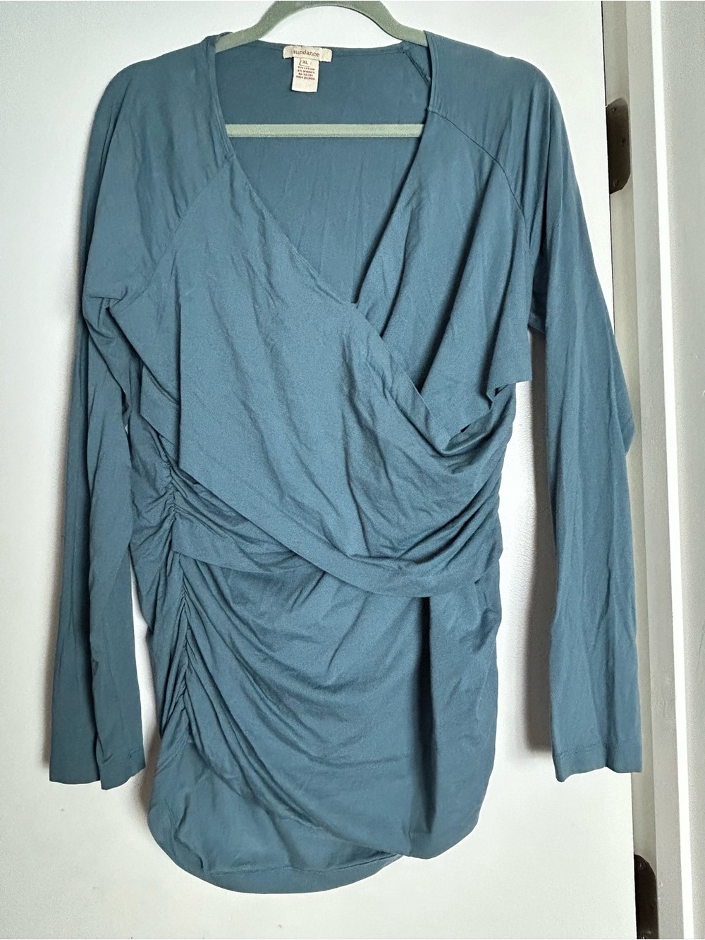 Sundance Slate Blue Wrap-Style Ruched Long-Sleeve Top